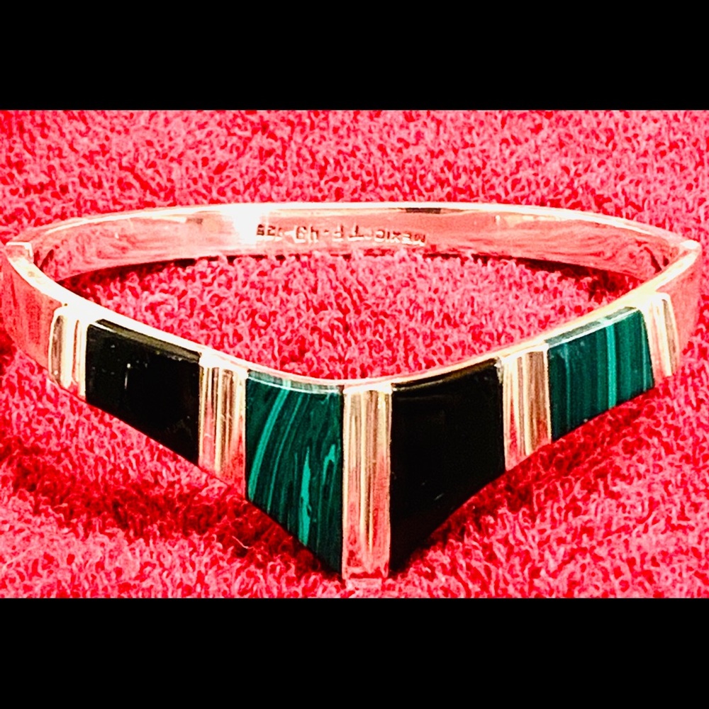 Modernist Malachite Green, Onyx, Sterling Bracelet